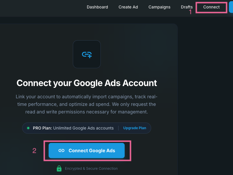 AdMinds Connect menu and Connect Google Ads button for linking your Google Ads account