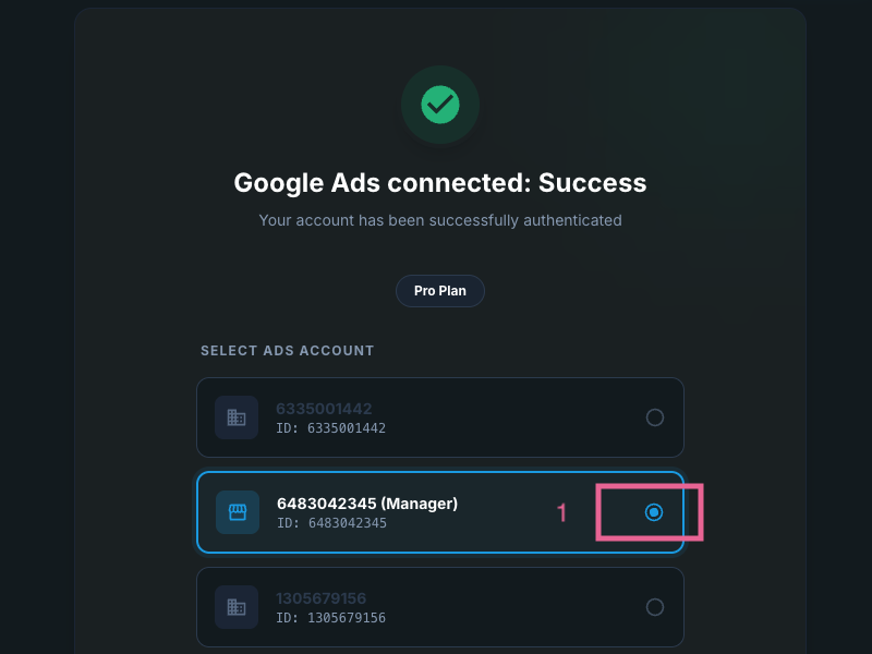 Google Ads Manager Account and customer account selector in AdMinds