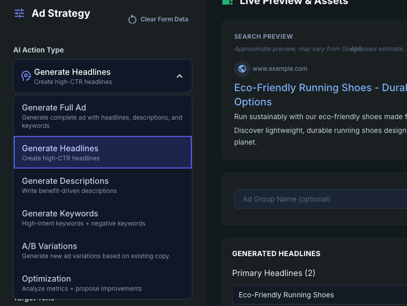 Regenerate headlines or descriptions from the Ad Strategy dropdown to optimize your ad
