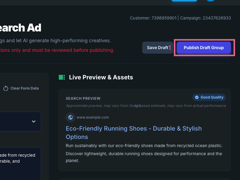 Publish to Google Ads or save as draft button in AdMinds
